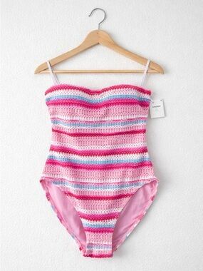 Kate Spade Bandeau One Piece Swimsuit Pink Stripe Eyelet Sz M NWT